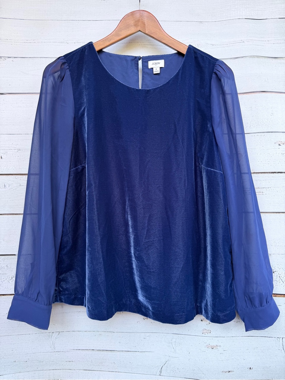 J.Crew Velvet Front Sheer Sleeve Blouse Size Medium